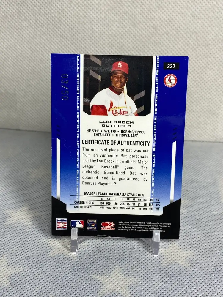 Lou Brock Game Used Bat Relic 3/50 Leaf Certified Materials 2004