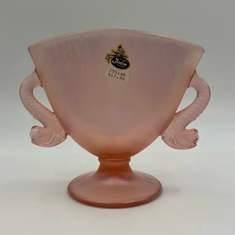Fenton Art Glass Vintage Pink Carnival Dolphin KOI Handles Fan Vase ORIGINAL Label