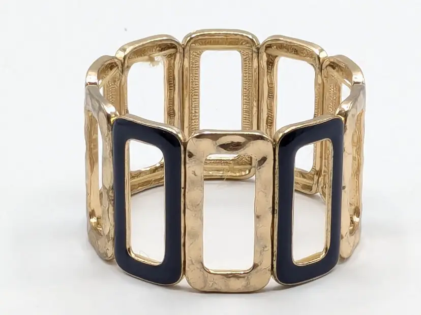 Gold Tone Blue Enamel Rectangles Stretch Bangle Bracelet