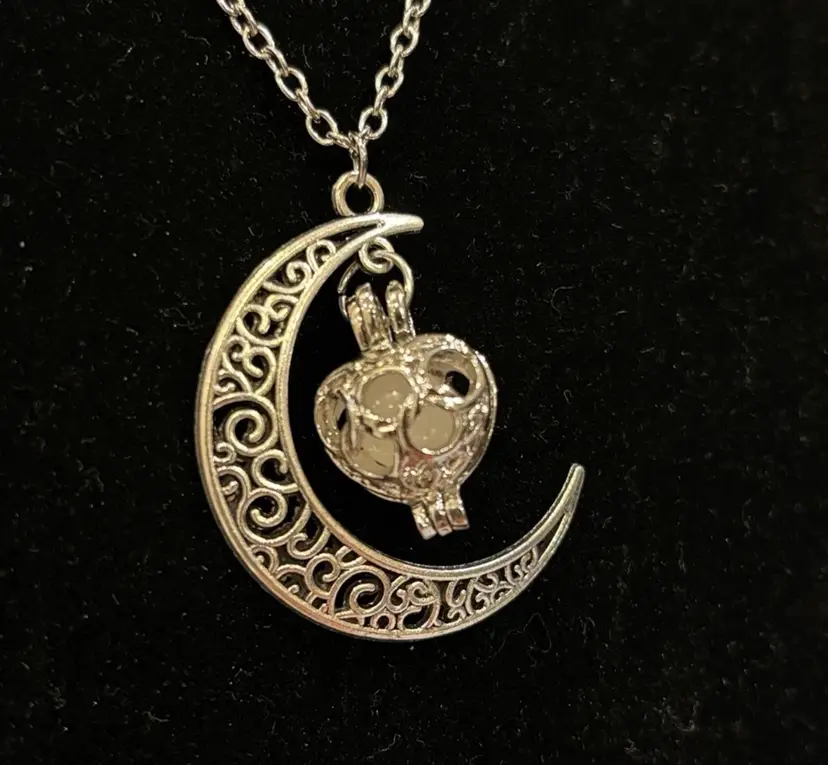 Crescent Moon & Heart Locket Pendant On Silver Tone Necklace