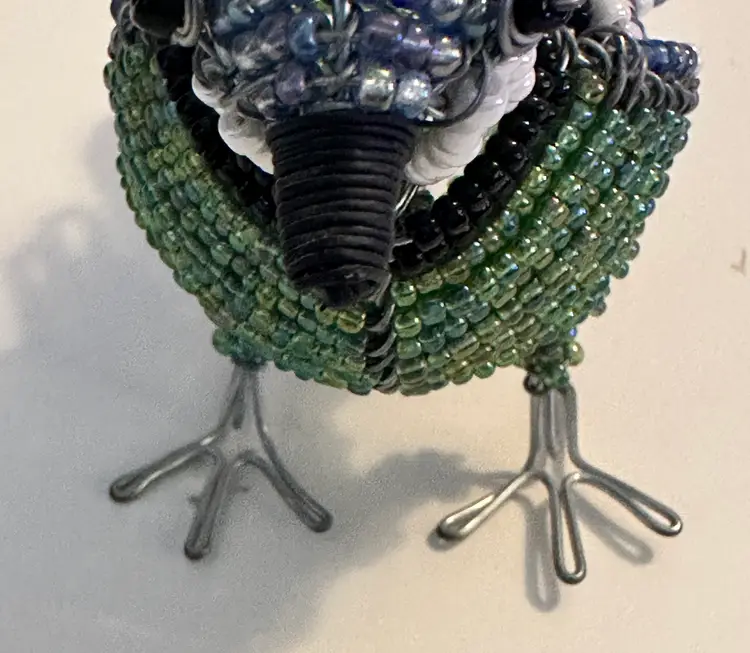 Hand Crafted Bead + Wire Grn Blk Blu Wht Bird Collectible Figurine 5" X 3 1/2"