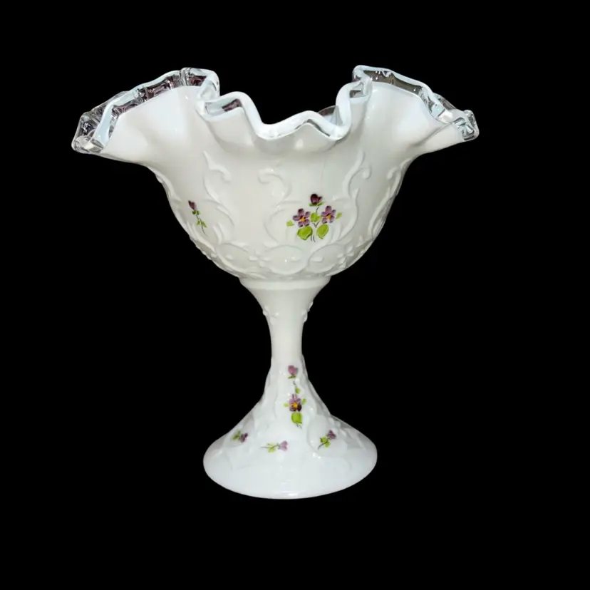 Vintage Fenton Silver Crest Milk Glass Spanish Lace “Violets In The Snow” Pedestal Compote