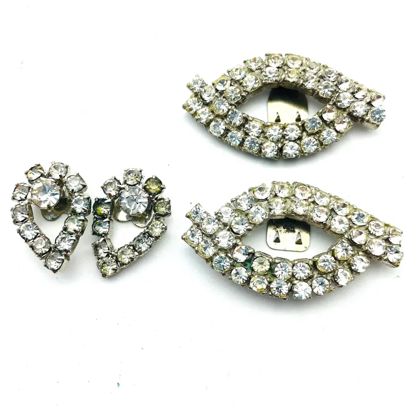 Rhinestone Shoe Clips Silver Tone Large Pointed Ovals and Small Tear Drops 17807