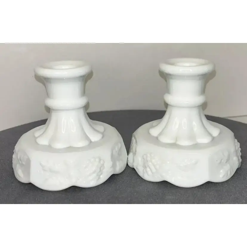 Vintage Pair White Milk Glass Candle Stick Holders Grape Pattern 4" Inches Tall