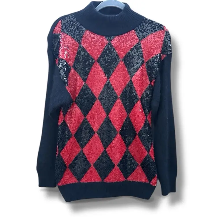 90s I.B. Diffusion Argyle Sequin Mock Neck Silk Angora Lambswool Sweater Sz S