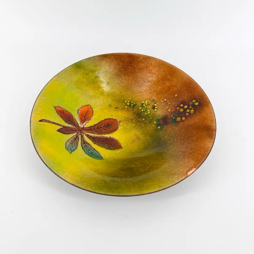 Enamel On Copper 7.5" Bowl Hand Painted Leaf Design