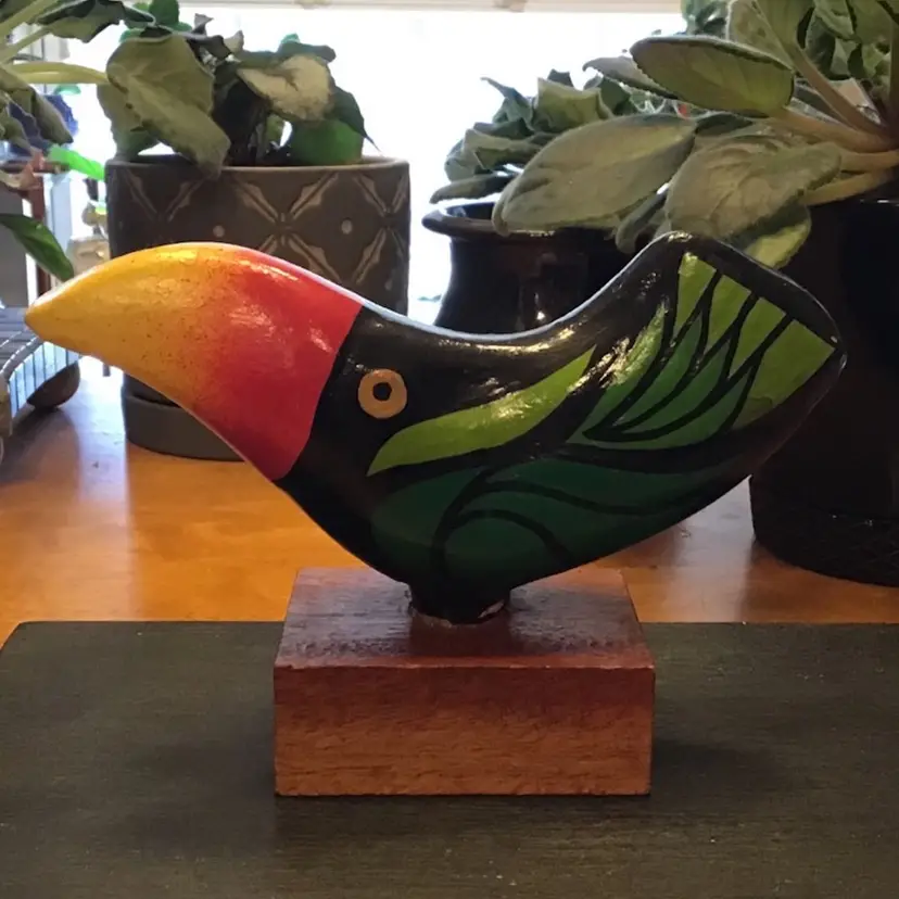 Folk Art Pottery Colorful Toucan Bird On A Block Of Wood