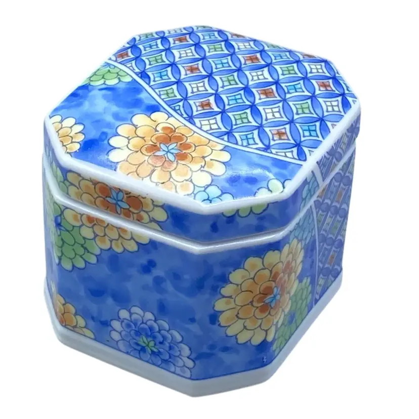 Vintage Asian Trinket Box Porcelain Spring Flowers Blue Yellow
