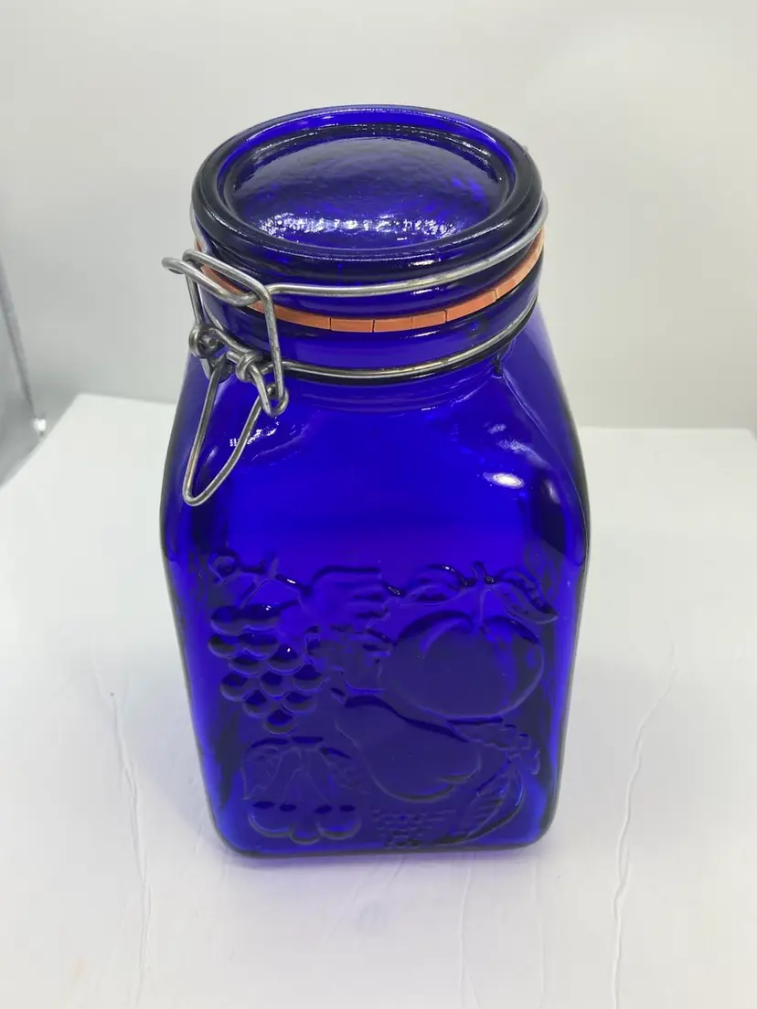 #34 GG Italian Cobalt Blue Canister Marked Made In Italy Done In A Fruit Pattern