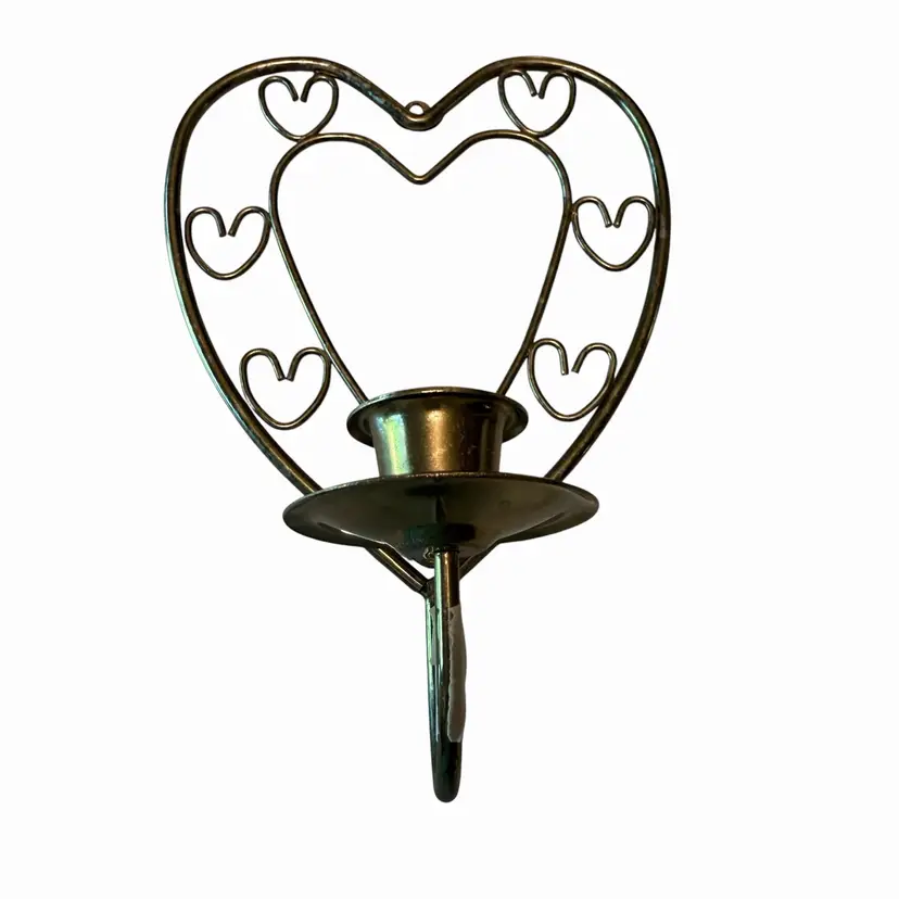Vintage Brass Look Heart Taper Candle Holder Wall Sconce– Metal Heart Details