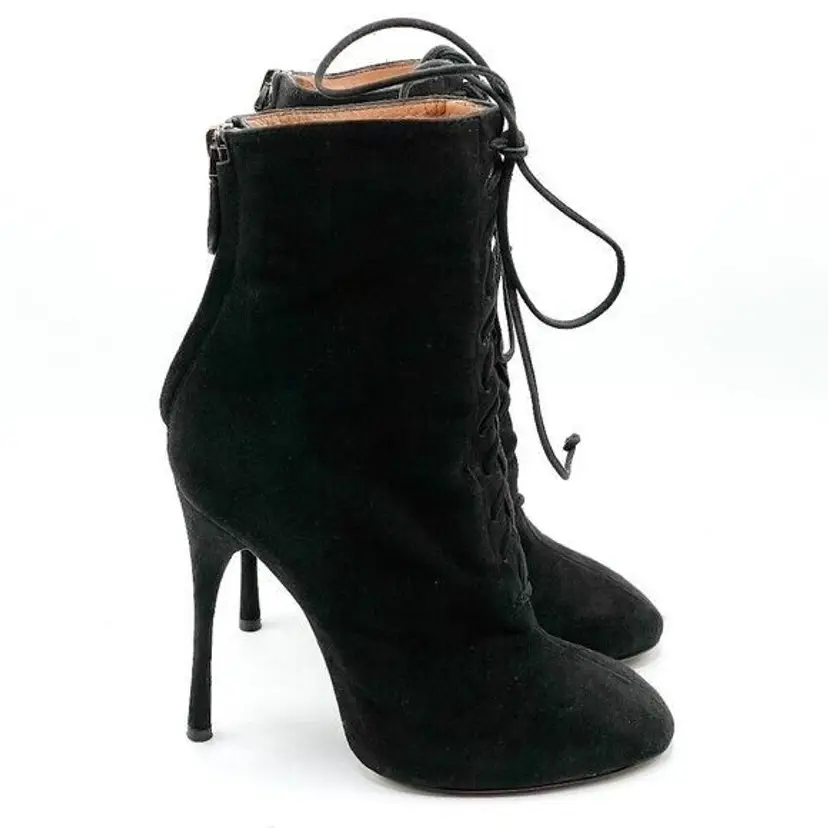 Azzedine Alaia Black Suede Back Zip Lace Up 4"+ Heeled Boots Italy Women's 36/6
