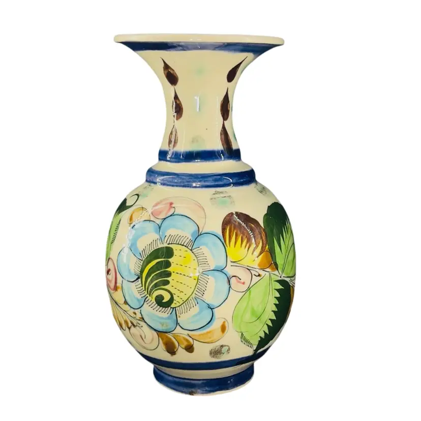 8” Vintage Tonala Pottery Vase Mexico Folk Art “Flor De Tonala” Design