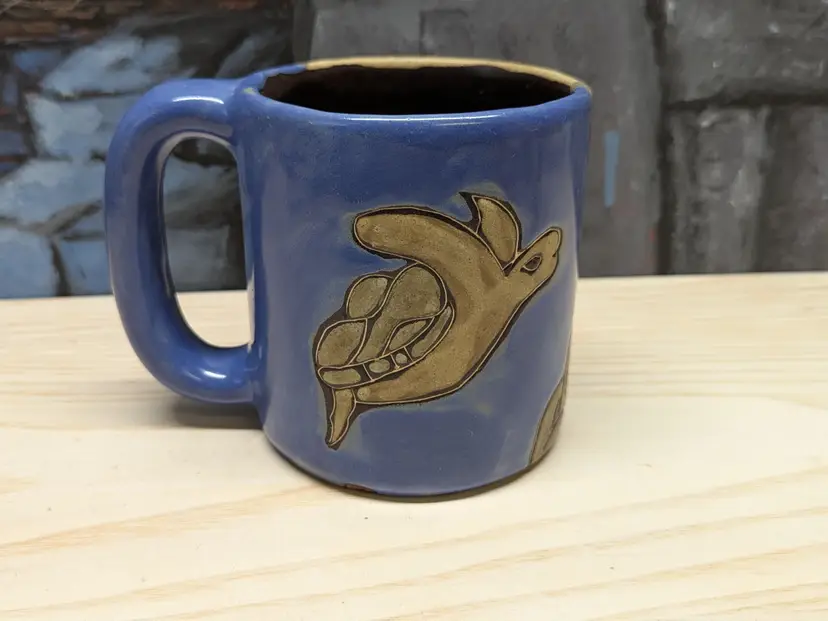 Sea Turtle Mara Mexican Stoneware Mug Hand Etched Painted Signed Coffee Tea Gift