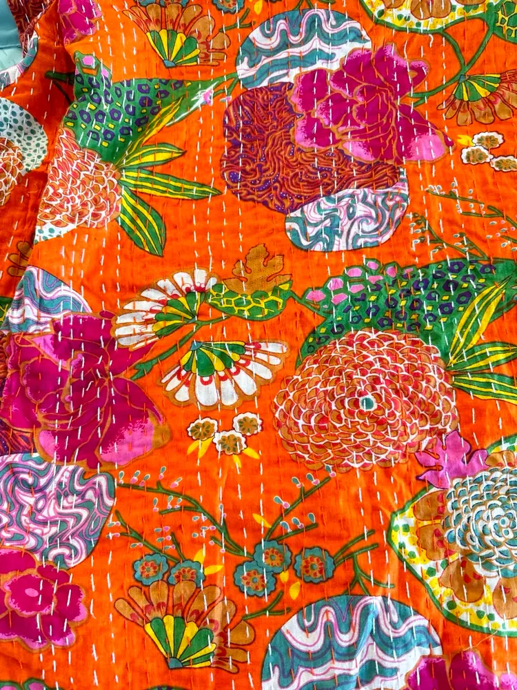 King Sized Kantha India Quilt Blanket Orange 108"x108"