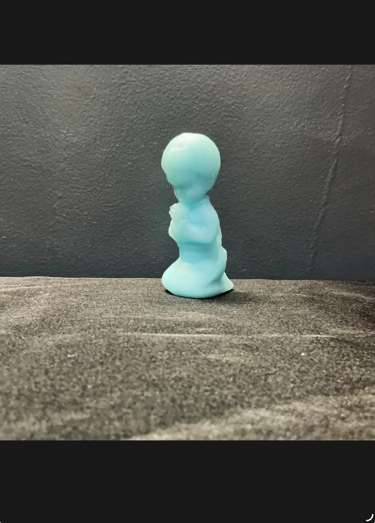Vintage Fenton Blue Satin Glass Praying Boy Figurine Original Label