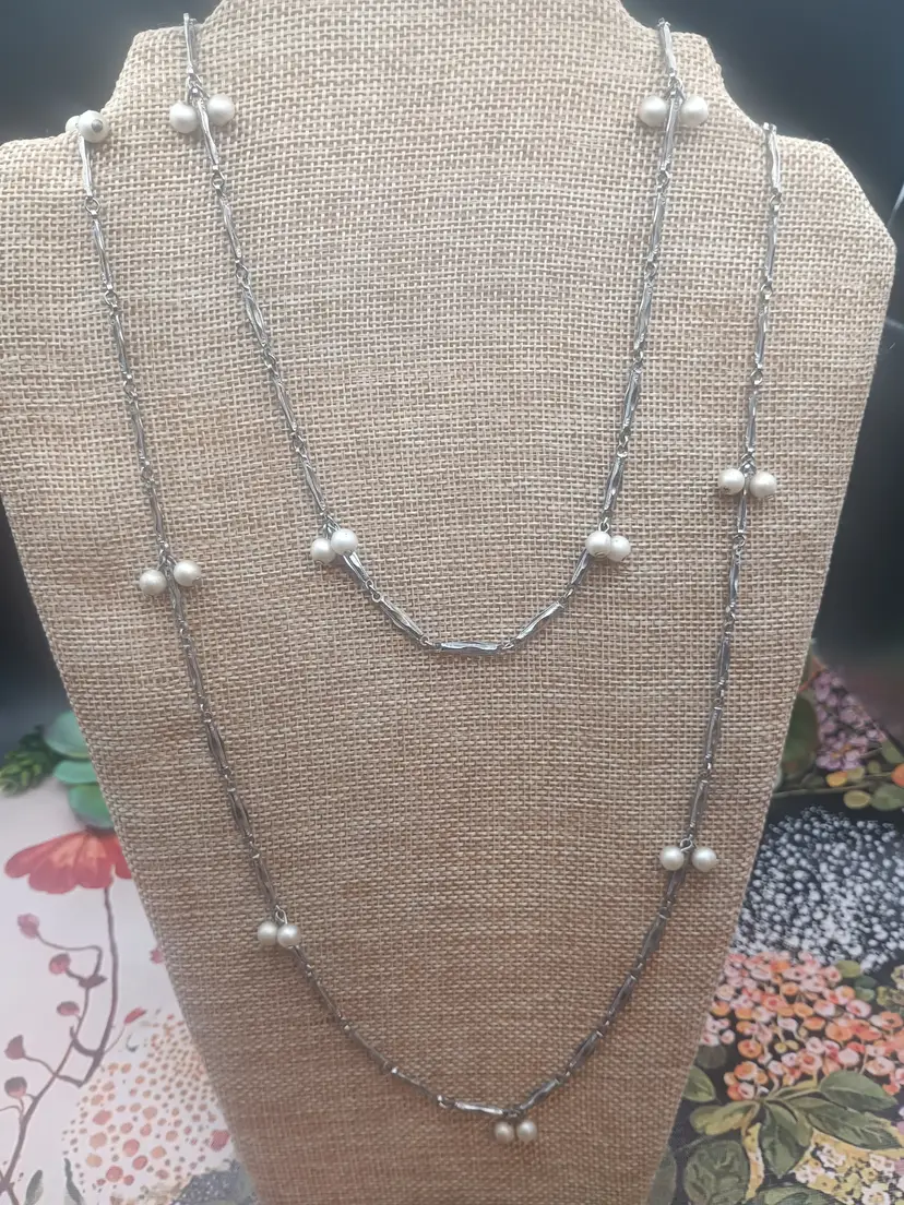 Vintage Very Long 59" Faux Pearl Dangle Silver Plate Chain Necklace