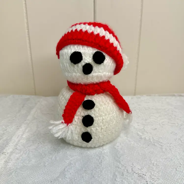 Vintage Hand Made Crochet Snowman With Red Hat And Scarf Styrofoam Body