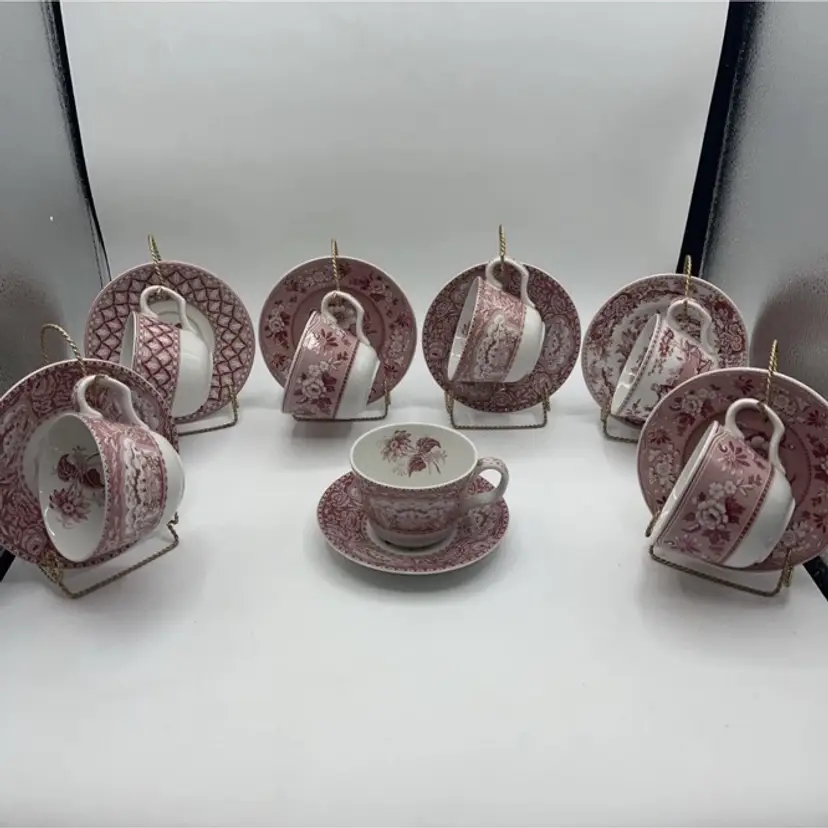 Spode Blue Room Collection Pink 7 Tea Cups & Saucers Made in England