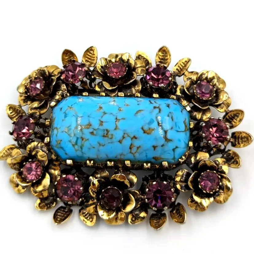 Turquoise Art Glass Brooch Vintage Amethyst Rhinestone Gold Tone Made In Austria