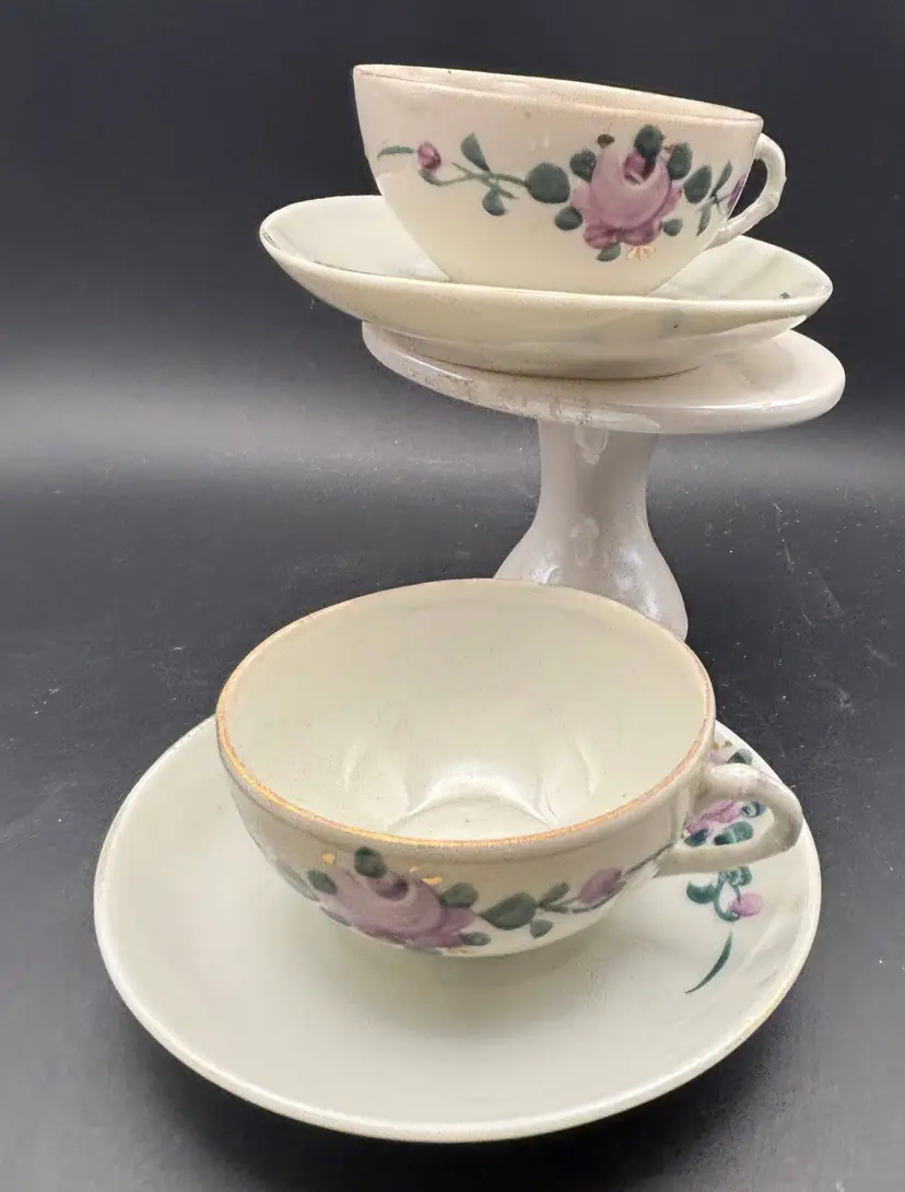 Bone China Tea Cup and Saucer, mauve flowers, old, maker unsure, SET OF TWO