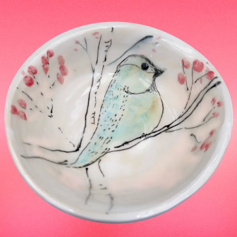 Handmade Pottery Bowl With A Painted Bird And Branches.