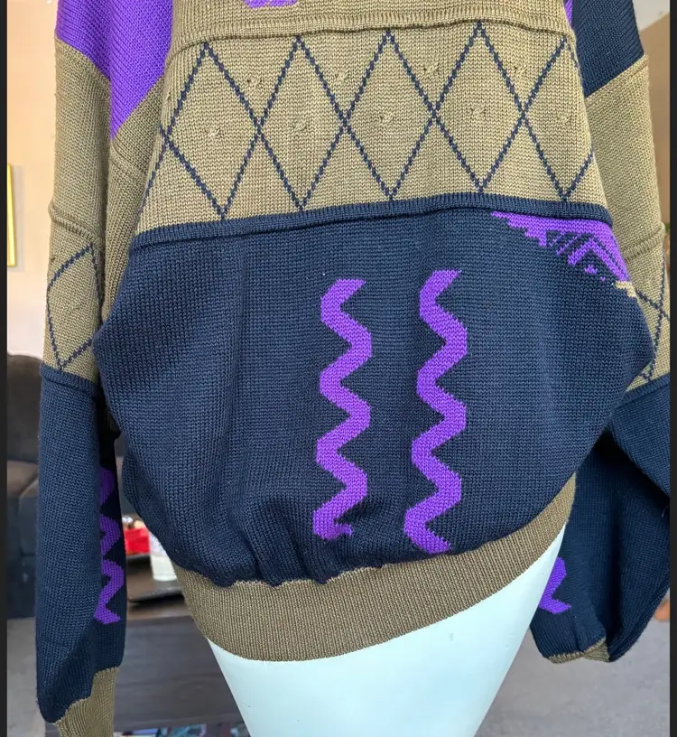 Vintage 80’s Sweater By Ossi Skiwear Marked Large Chunky Knit Abstract Design Purple Black 