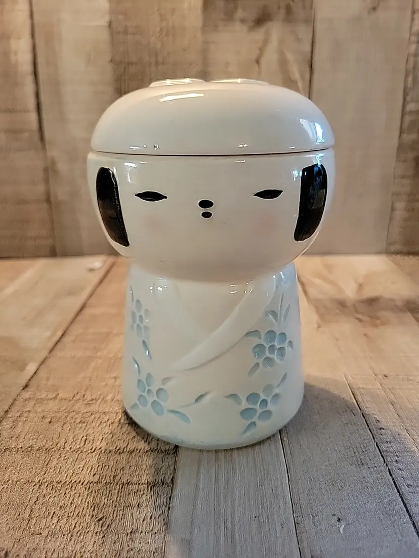 Vtg Shafford Japan Kokeshi Doll Ceramic Lid Canister Blue Sakura Cherry Blossom