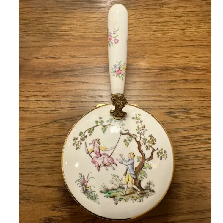 10x3.5” vintage Andrea by Sadek porcelain silent butler crumb catcher w/a courting scene
