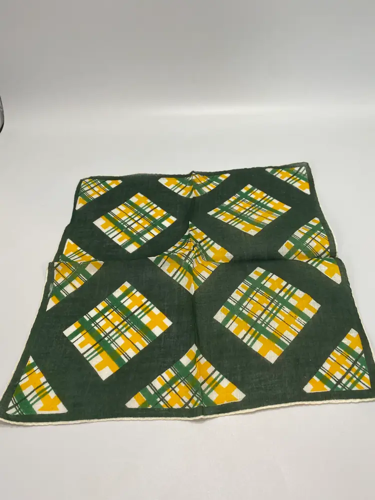 Vintage Green, White, Yellow Plaid Print Handkerchief 12" x 12"
