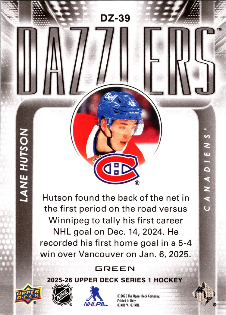2025-26 Upper Deck #DZ-39 Lane Hutson Dazzlers Green