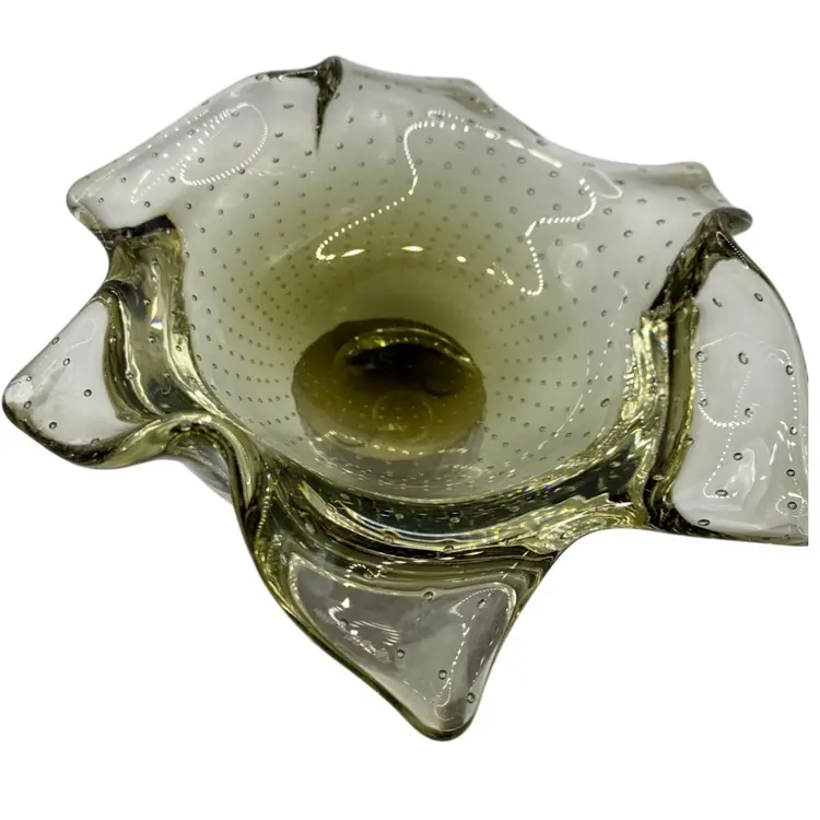 Italian Art Glass Petal Bowl, Smoky Gray/Green with Controlled Bubbles, 7 inches