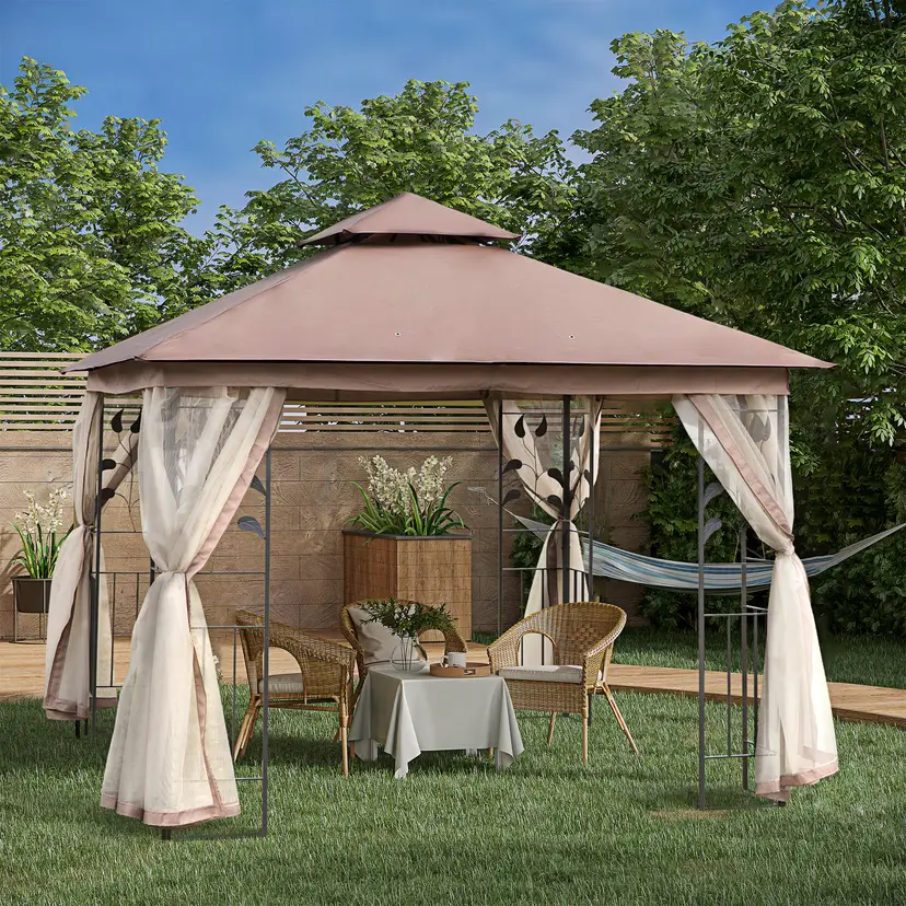 10' x 10' Patio Gazebo with 2-Tier Roof, Netting, Curtains & Steel Frame, Brown