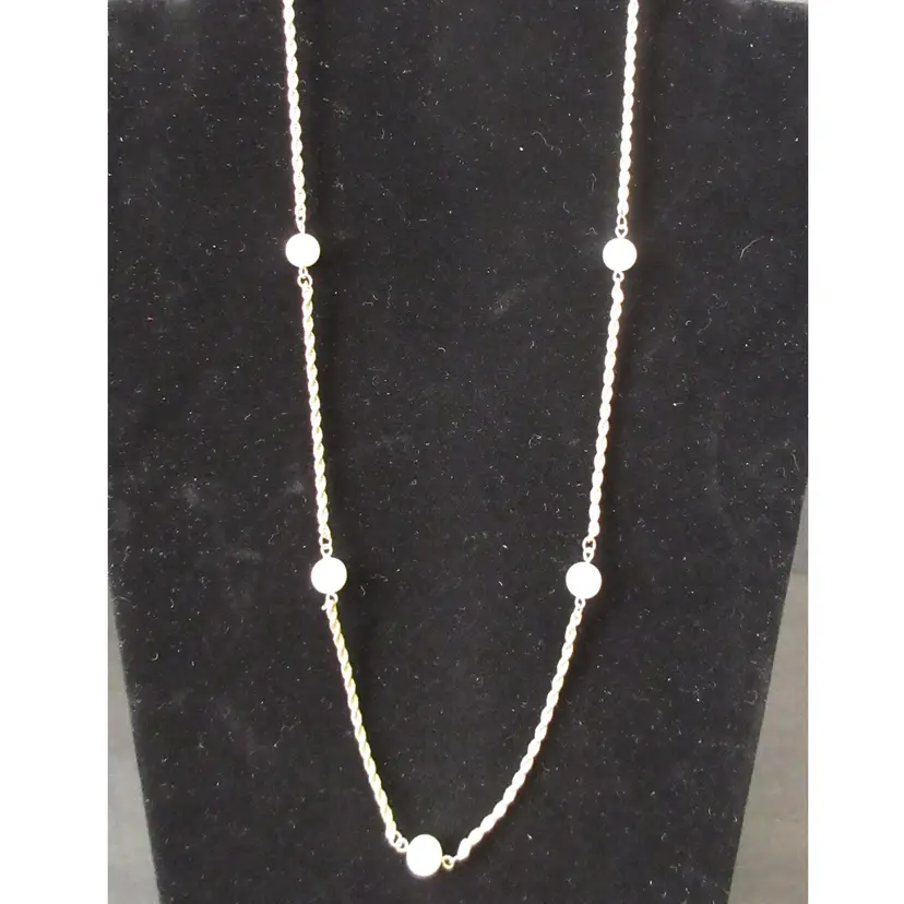 Vintage Gold Tone Metal Rope Chain Continuous Necklace with Floating Faux Pearl Beads - 28 Inches Long