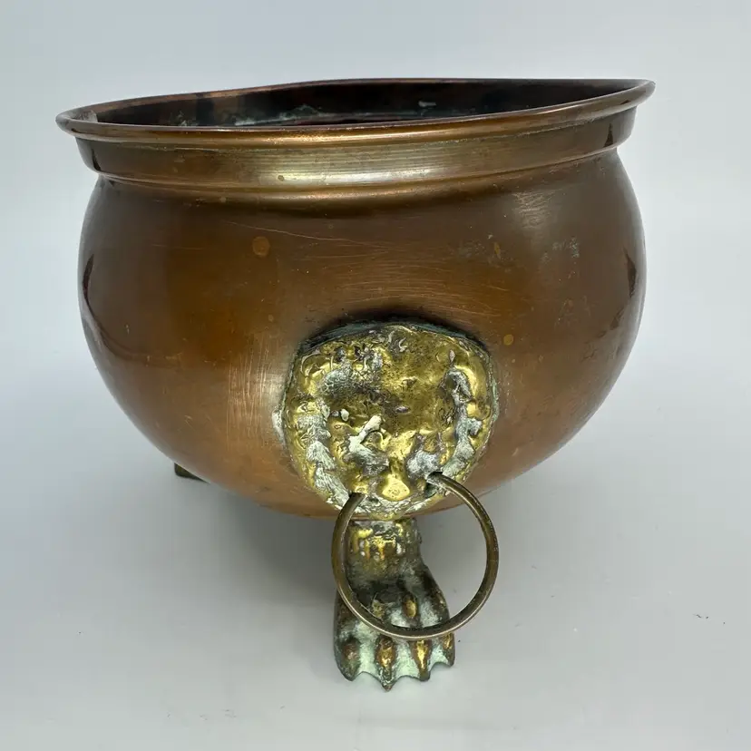 Vintage Copper Pot Lion Head Handles pot bowl antique Retro Kitchenware hand made Lion