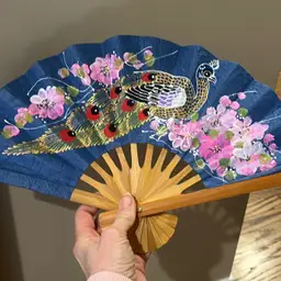 Hand Painted Peacock, Folding Wood Bamboo Handle Hand, Fan Vanity Decor