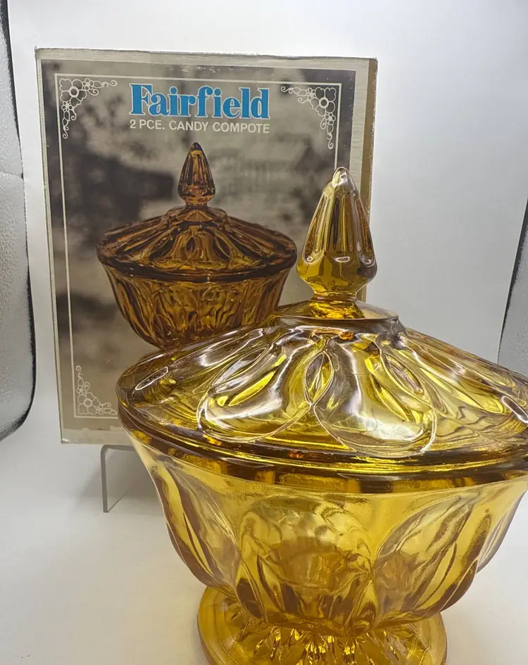 Vtg 70s Anchor Hocking Fairfield Pedestal Amber 2 Piece Compote NOS Original Box