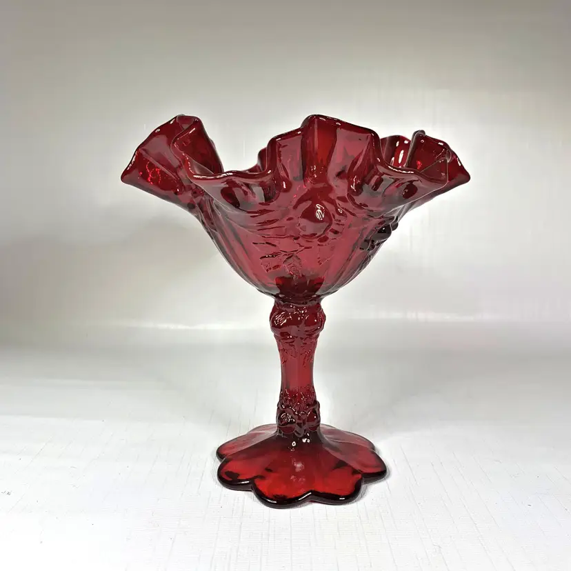 Fenton Ruby Red Glass Compote Cabbage Rose Vintage 60s Mid Century Cottage Core
