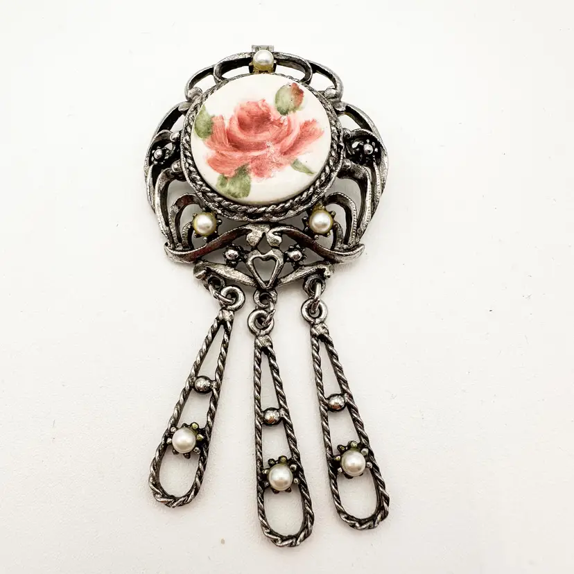 Vintage Rose Brooch Pendant Hand Painted Faux Pearl Accents Silver Tone and Porcelain 3" B25