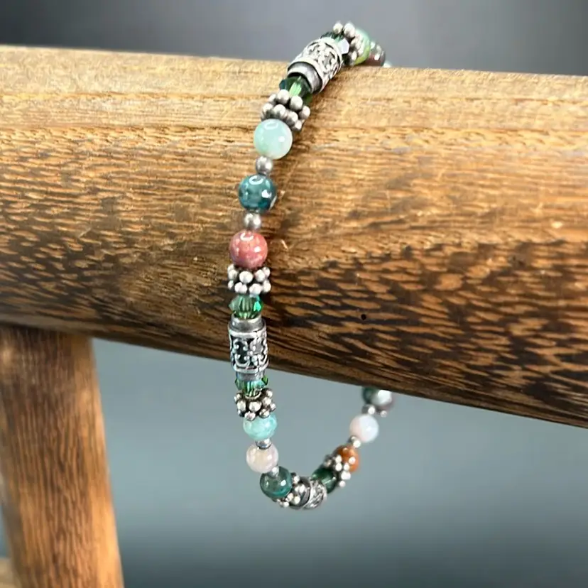 925 Silver & Gemstone Beaded Bracelet 6 1/2” Long