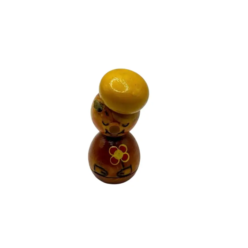 Mini Folk Art Hand Painted Wood Pig W/ Yellow Flower