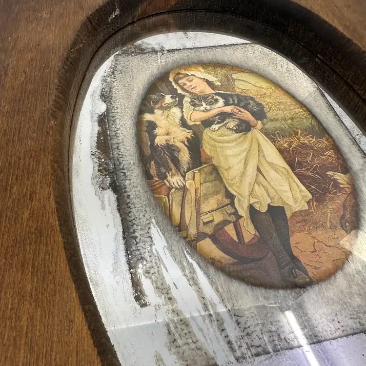 Vintage Screen Print Mirror: Girl with St. Bernard, Pine Frame