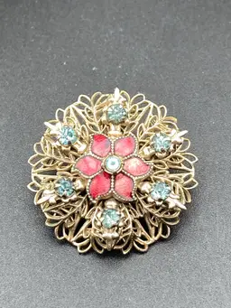 Vintage Gold Tone Filigree Flower Brooch With Blue Rhinestones (1/4” Diameter) READ (Slight Bend To Pin On Back)