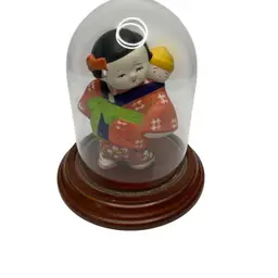 Vintage Japanese Hakata Clay Bisque Girl With Doll @ @ 3 1/2” Tall Married With Cloche Glass Base And Cover @ 5x4