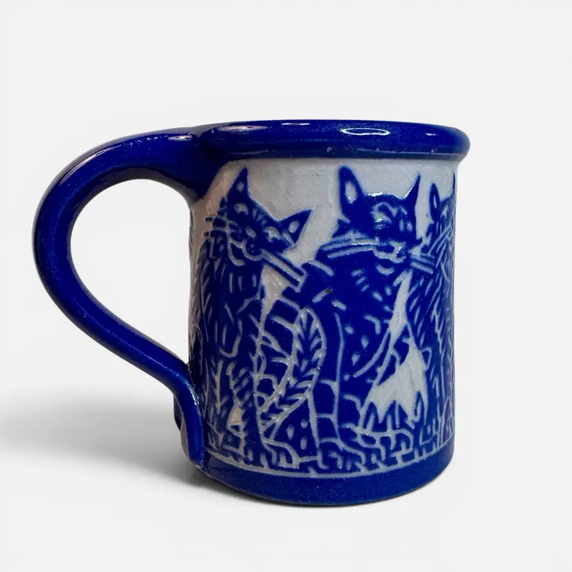 Amazing Sgraffito Style Vintage Studio Pottery coffee cup mug featuring CATS Kitties carved clay