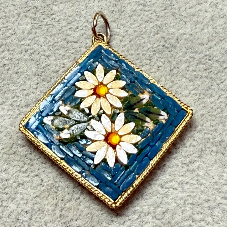 Vtg Square Micro Mosaic Gold Tone Pendant Italian Turquoise Blue White Florals