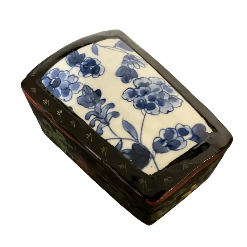 🎉Chinese Lacquer Box Featuring Blue & White Porcelain Lid
