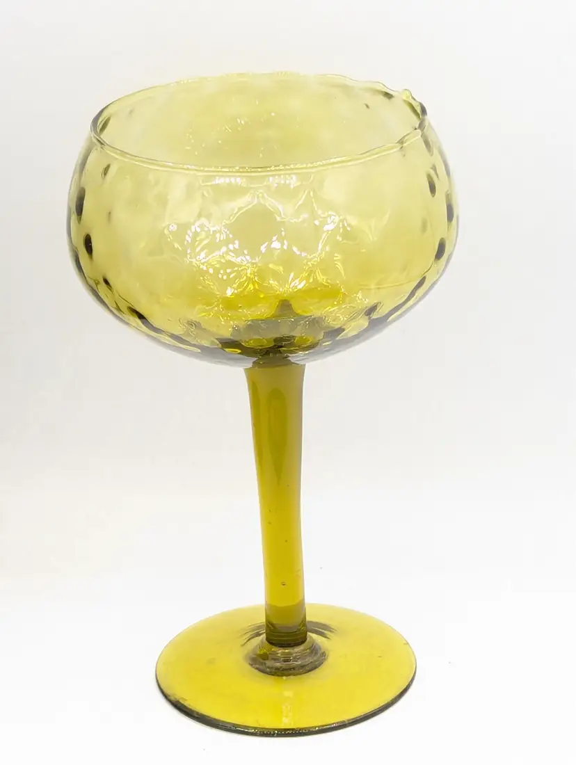 Green Gold Long Stemmed Mid Century Optic Glass Tall Compote-Italian Empoli