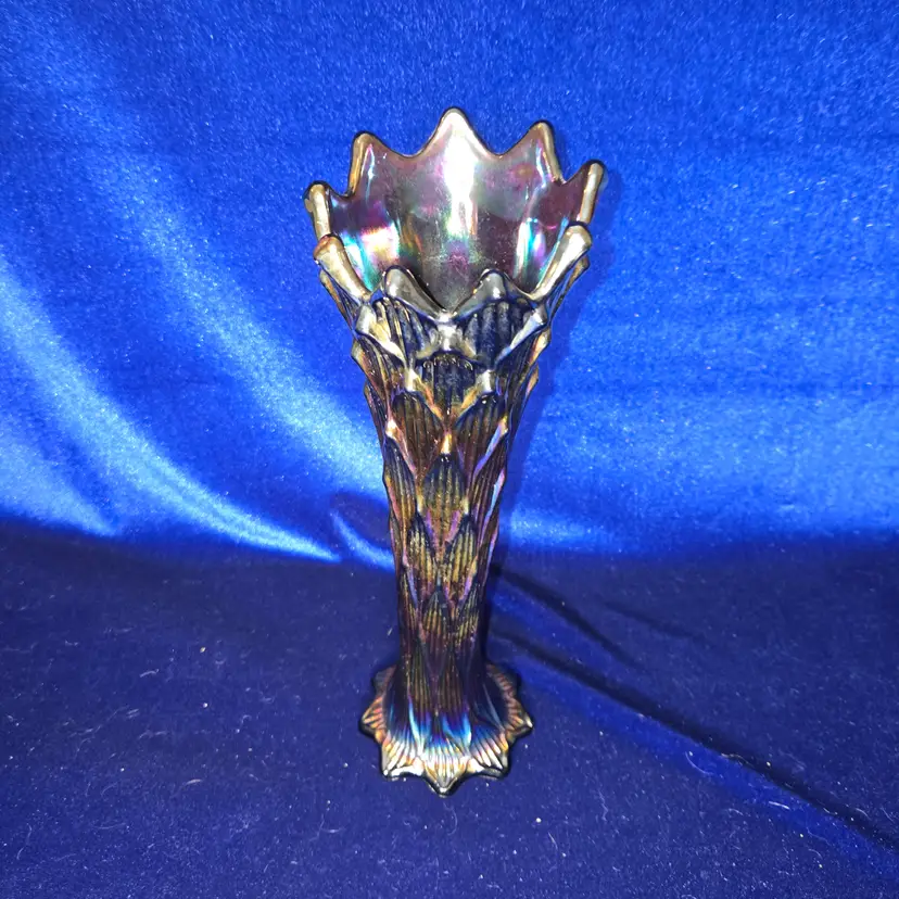 241  Antique Dugan Vase Amethyst Carnival Glass Lined Lattice 1909-1915