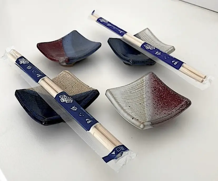 Clay pottery chopstick holders in reds/blues/white/tan. Set of 4. Perfect condition!