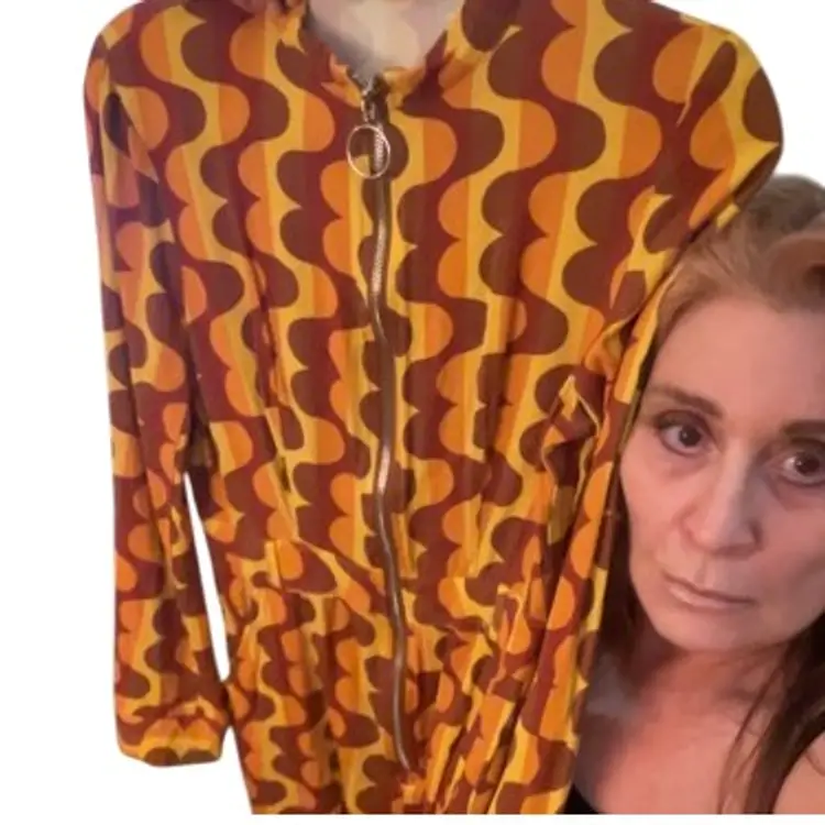 Romper VINTAGE Groovy Fall Colors Front Zip Apx Soft Denim Feel Apx 16.5 PTP